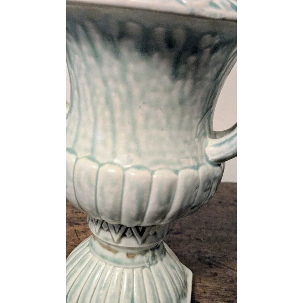Vintage Pair Celadon Green Majolica Style Vases Neoclassical Mantle Urns Japan